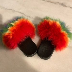 Kids Rainbow Fluffy Fur Slides